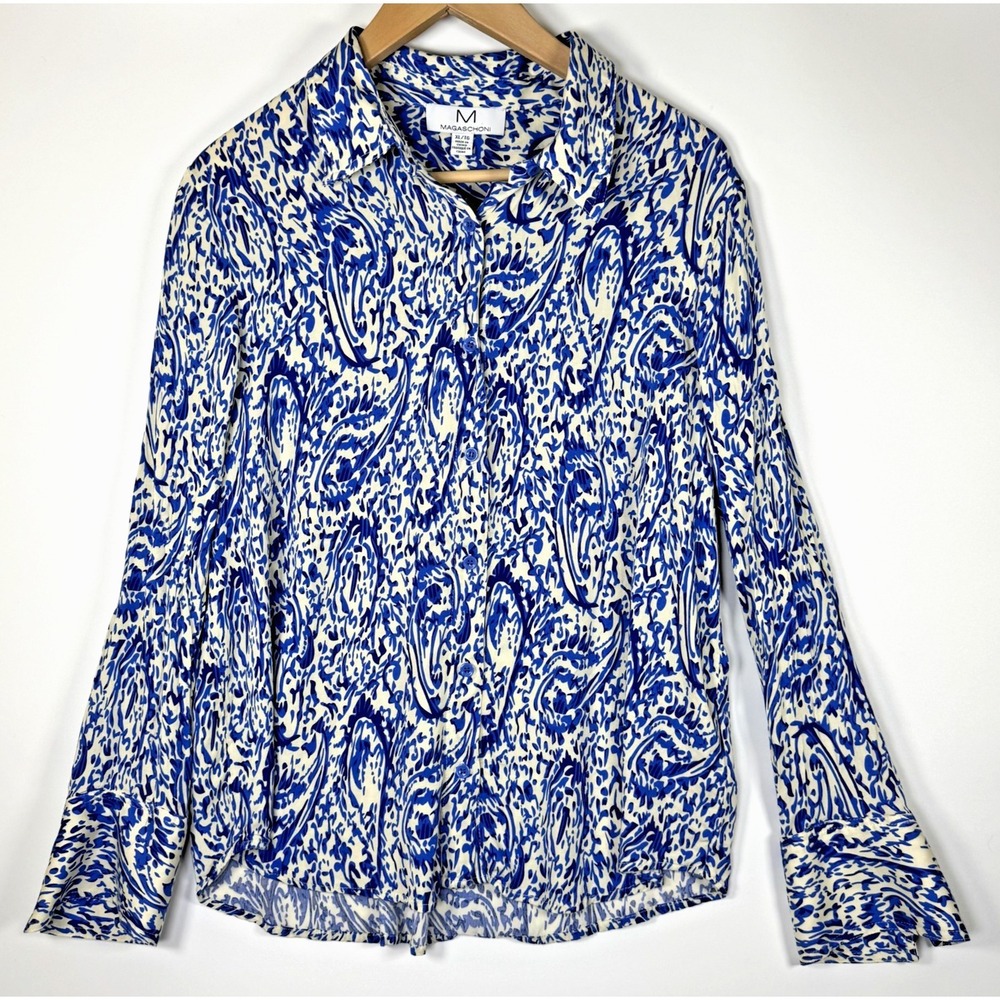 Magaschoni Blouse Womens XL Blue White‎ Paisley Abstract Viscose Top Coastal